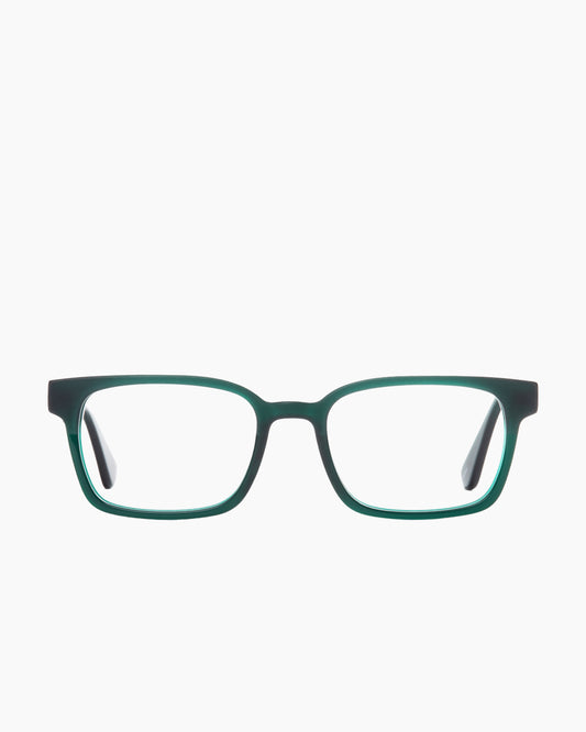 green plastic rectangle eyeglasses by Evolve model RUSSEL, front view, lunettes de vue rectangle couleur vert