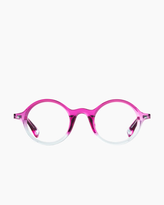 pink plastic round eyeglasses by Theo model Sunrise, front view, lunettes de vue rond couleur rose