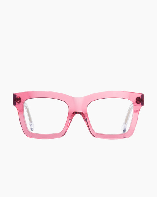 pink plastic rectangle eyeglasses by Marie-Sophie Dion model Wellesley, front view, lunettes de vue rectangle couleur rose