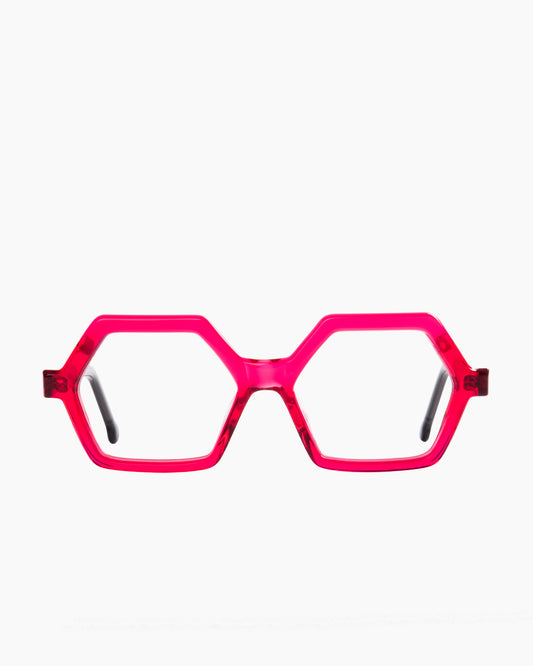 pink plastic hexagon eyeglasses by Marie-Sophie Dion model salsa, front view, lunettes de vue hexagone couleur rose