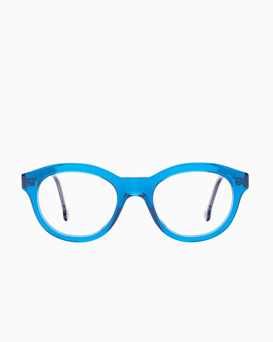 blue plastic oval eyeglasses by Marie-Sophie Dion model Claus, front view, lunettes de vue ovale couleur Bleu