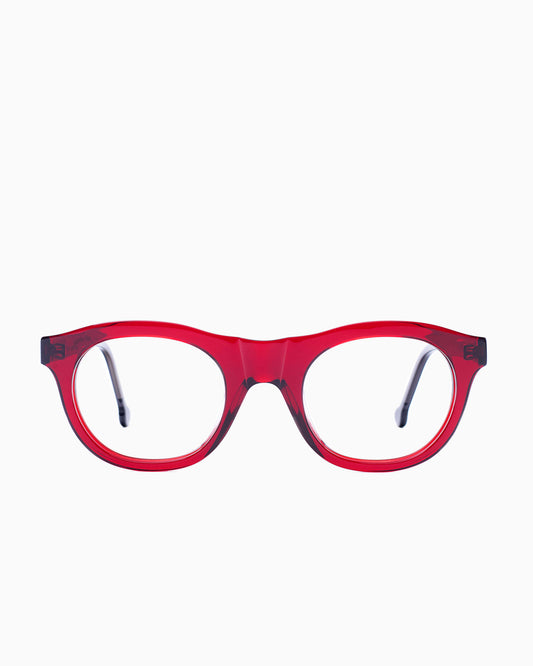 red plastic oval eyeglasses by Marie-Sophie Dion model LEcuyer, front view, lunettes de vue ovale couleur bourgogne