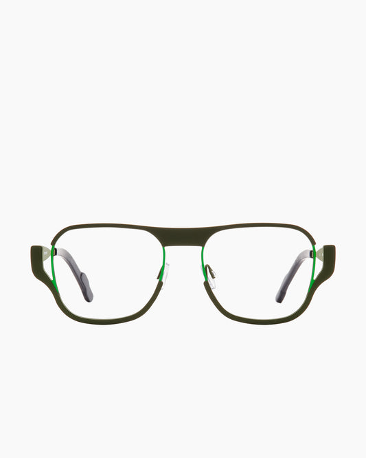 green metal rectangle eyeglasses by Theo model Plan, front view, lunettes de vue rectangle couleur vert