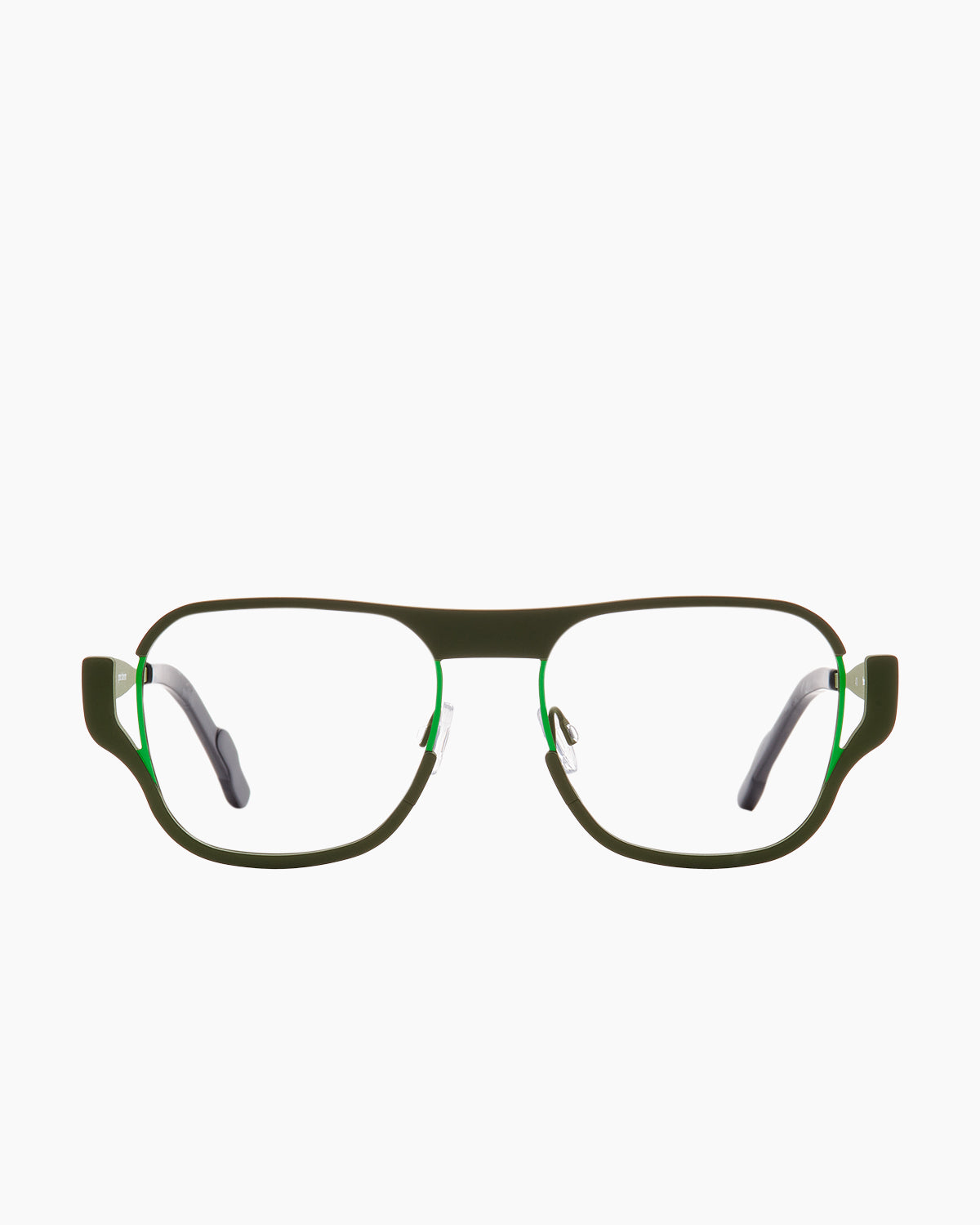 green metal rectangle eyeglasses by Theo model Plan, front view, lunettes de vue rectangle couleur vert