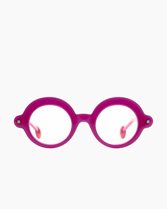 pink plastic round eyeglasses by Anne et Valentin model Blup, front view, lunettes de vue rond couleur rose