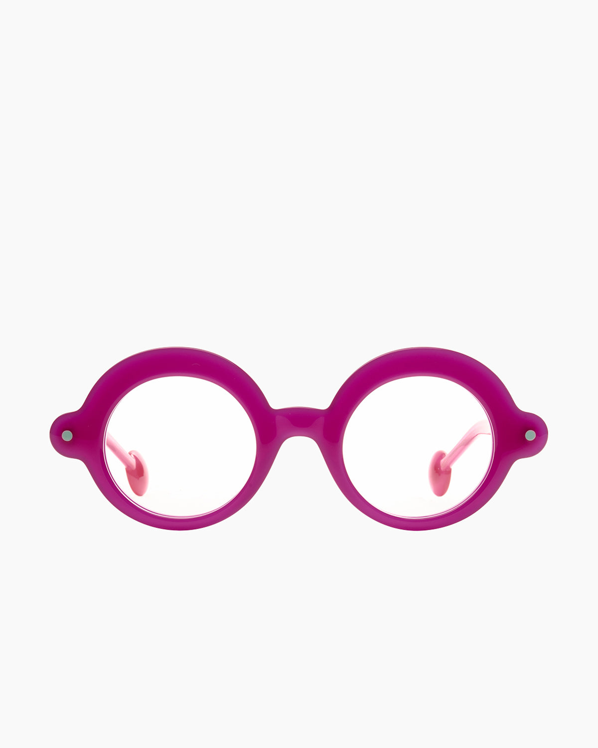 pink plastic round eyeglasses by Anne et Valentin model Blup, front view, lunettes de vue rond couleur rose