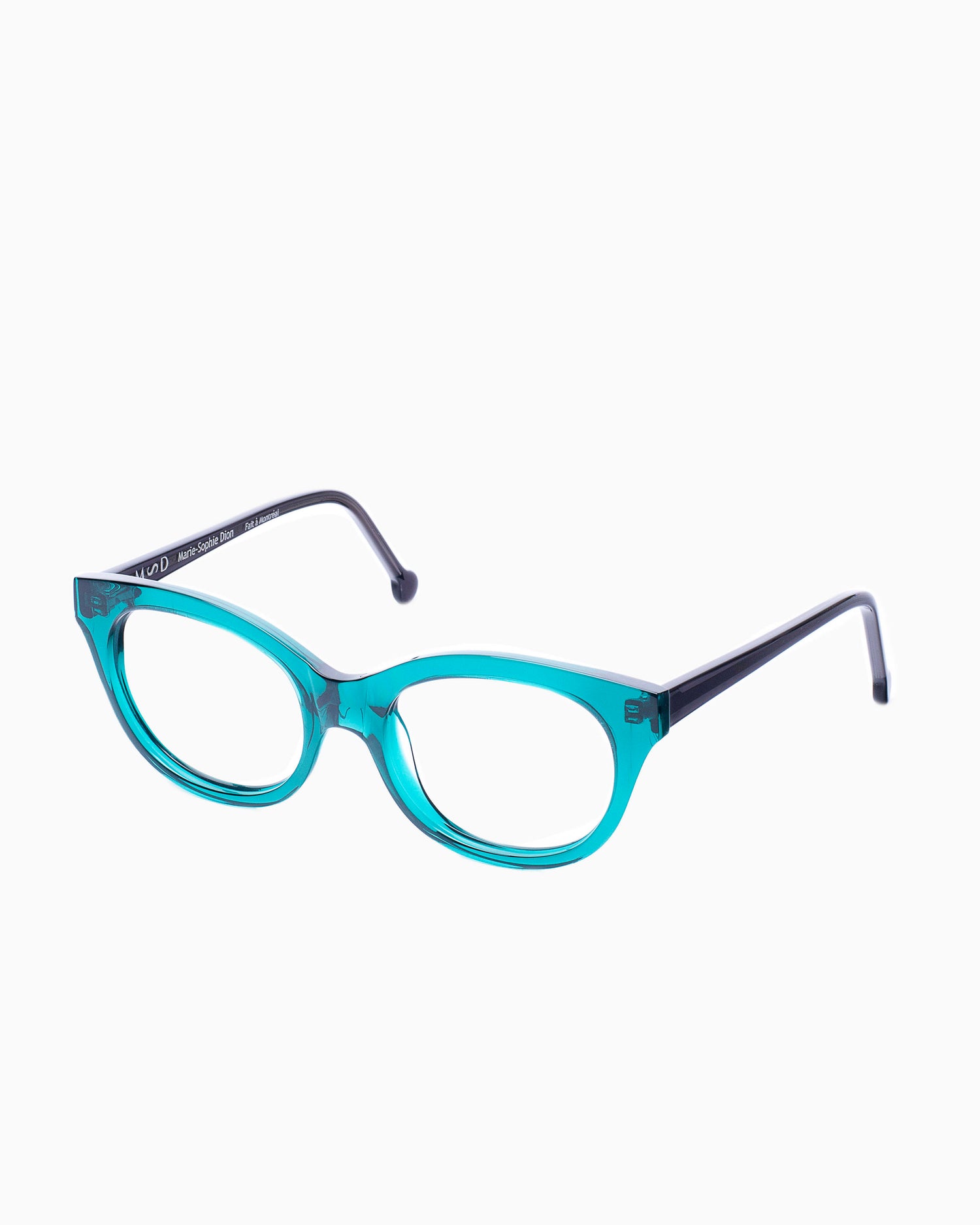 green plastic cat eyeglasses by Marie-Sophie Dion model Gauthier, front view, lunettes de vue chat couleur Vert