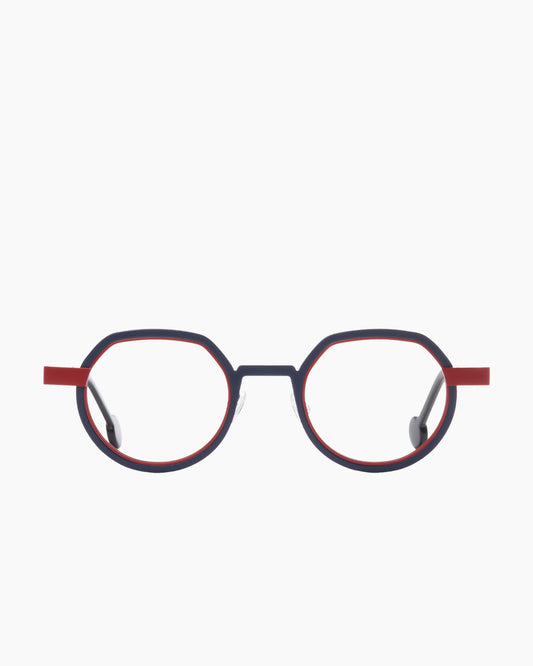 red metal round eyeglasses by Anne et Valentin model wellwell, front view, lunettes de vue rond couleur rouge