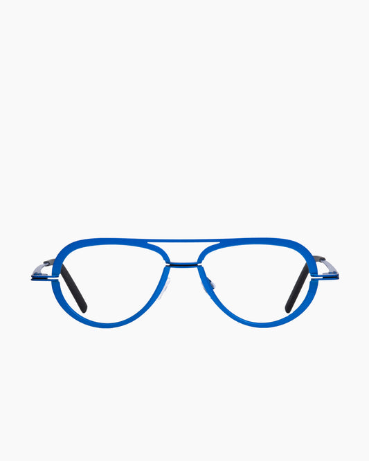 blue metal aviator eyeglasses by Theo model crispy, front view, lunettes de vue aviateur couleur bleu