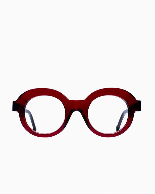 burgundy plastic round eyeglasses by Marie-Sophie Dion model Latraverse1, front view, lunettes de vue rond couleur bourgogne