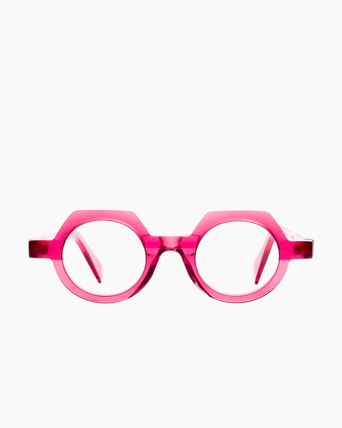 pink plastic round eyeglasses by Anne et Valentin model Rayon, front view, lunettes de vue rond couleur rose