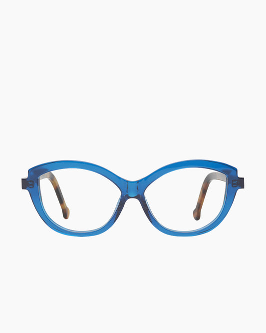 blue plastic cat eyeglasses by Marie-Sophie Dion model Brodeur, front view, lunettes de vue chat couleur Bleu