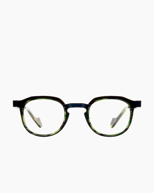 green metal oval eyeglasses by Anne et Valentin model Othon, front view, lunettes de vue ovale couleur vert