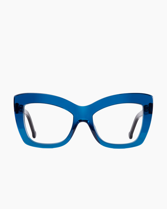 blue plastic butterfly eyeglasses by Marie-Sophie Dion model Harper, front view, lunettes de vue papillon couleur Bleu