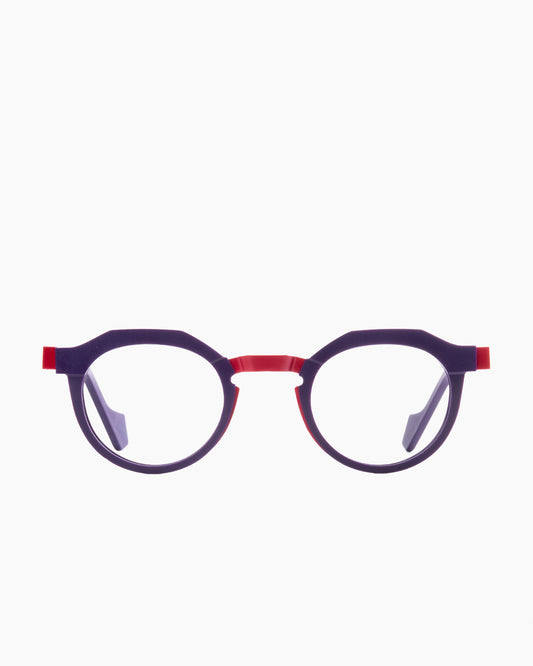 purple metal round eyeglasses by Anne et Valentin model Orson, front view, lunettes de vue rond couleur violet