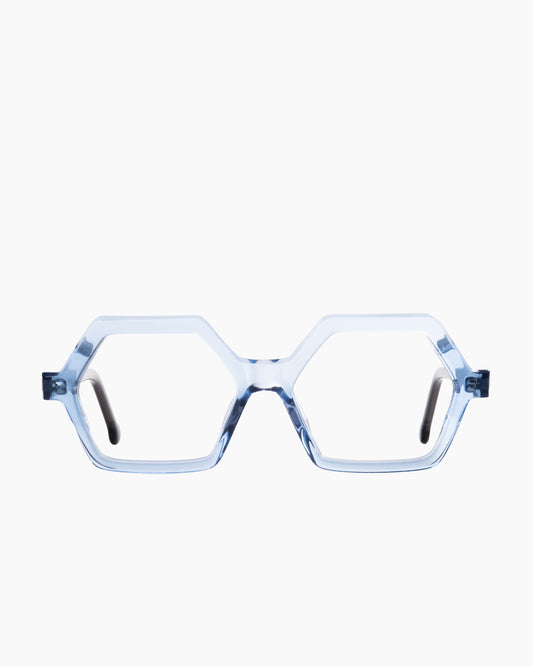 blue plastic hexagon eyeglasses by Marie-Sophie Dion model salsa, front view, lunettes de vue hexagone couleur bleu