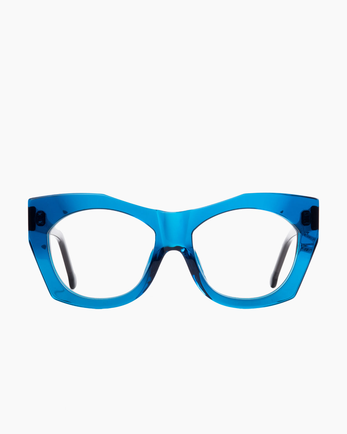 blue plastic butterfly eyeglasses by Marie-Sophie Dion model Ferro, front view, lunettes de vue papillon couleur bleu