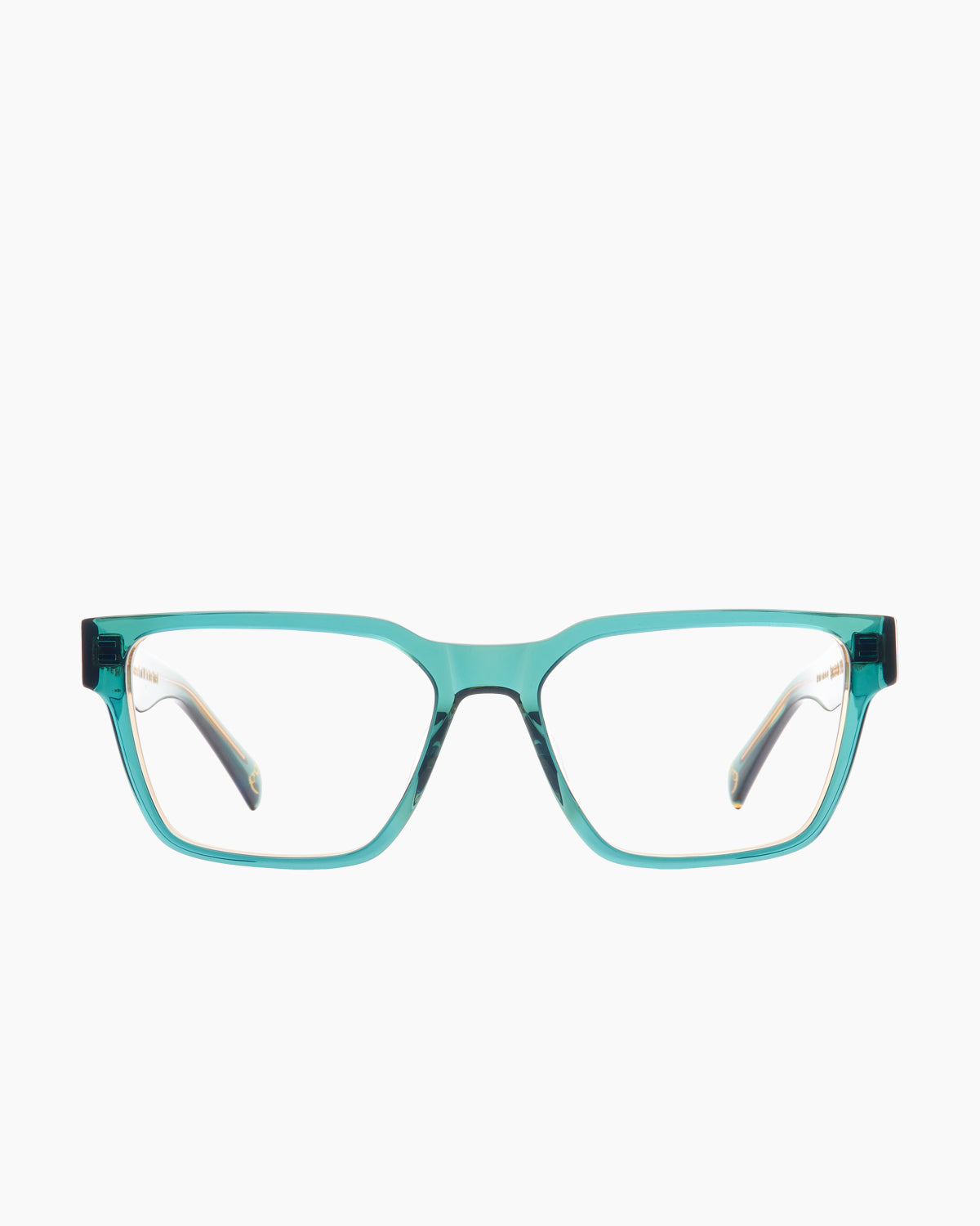 green plastic rectangle eyeglasses by Spectacleeyeworks model Rumi, front view, lunettes de vue rectangle couleur vert
