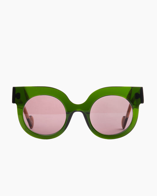 green plastic round sunglassesby Anne et Valentin model saskia, front view, lunettes de vue rond couleur vert