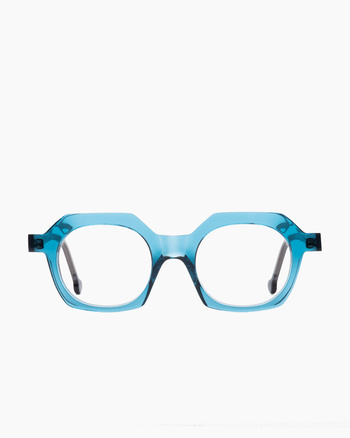 blue plastic round eyeglasses by Marie-Sophie Dion model Beaudoin, front view, lunettes de vue rond couleur Bleu