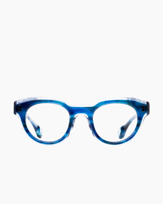 blue plastic oval eyeglasses by Blake Kuwahara model schindler, front view, lunettes de vue ovale couleur bleu