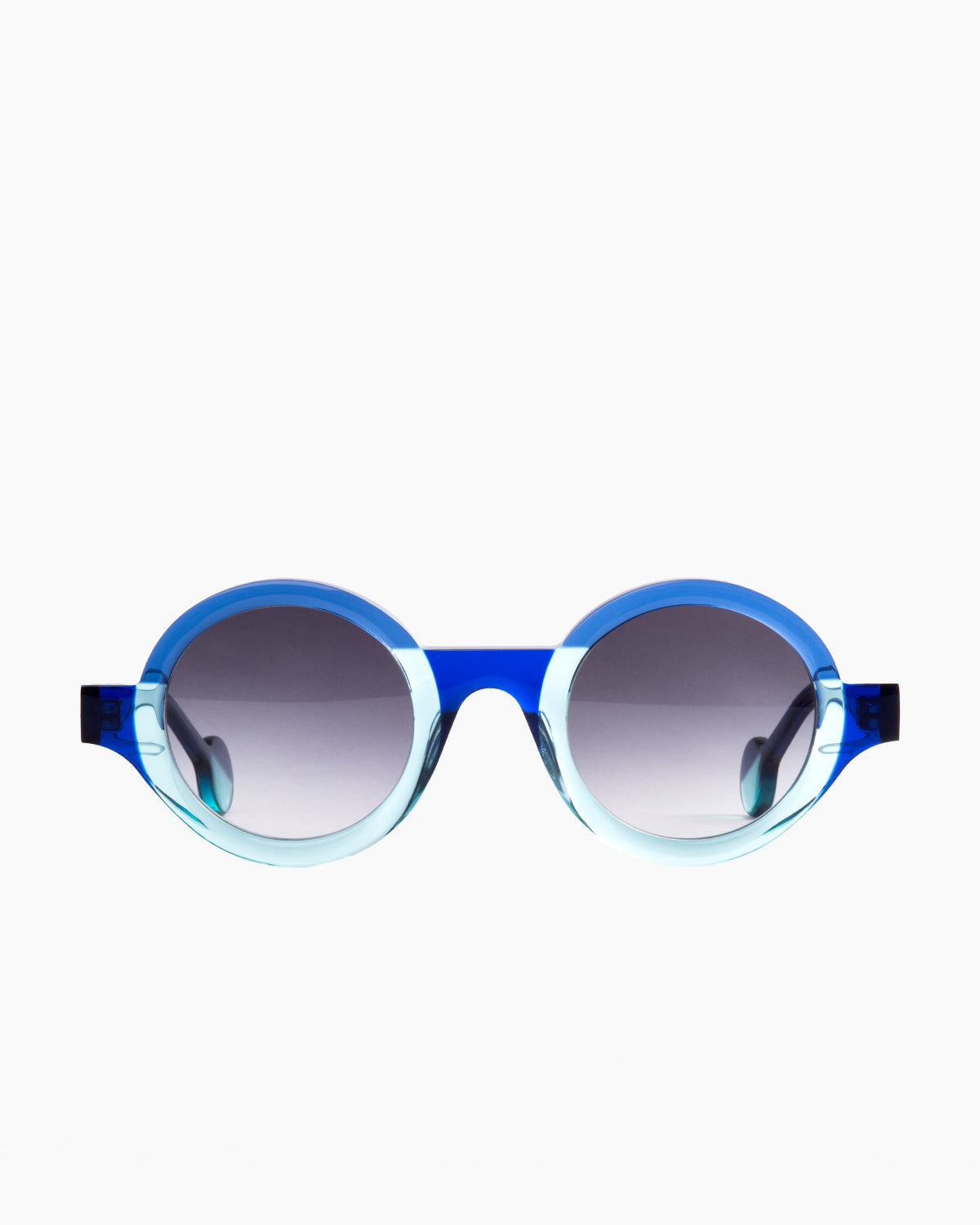 blue plastic round  sunglassesby theo model Kubisme, front view, lunettes de vue rond couleur bleu