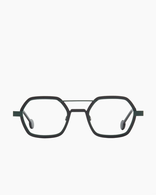 black metal hexagon eyeglasses by Anne et Valentin model wellsaid, front view, lunettes de vue hexagone couleur noir
