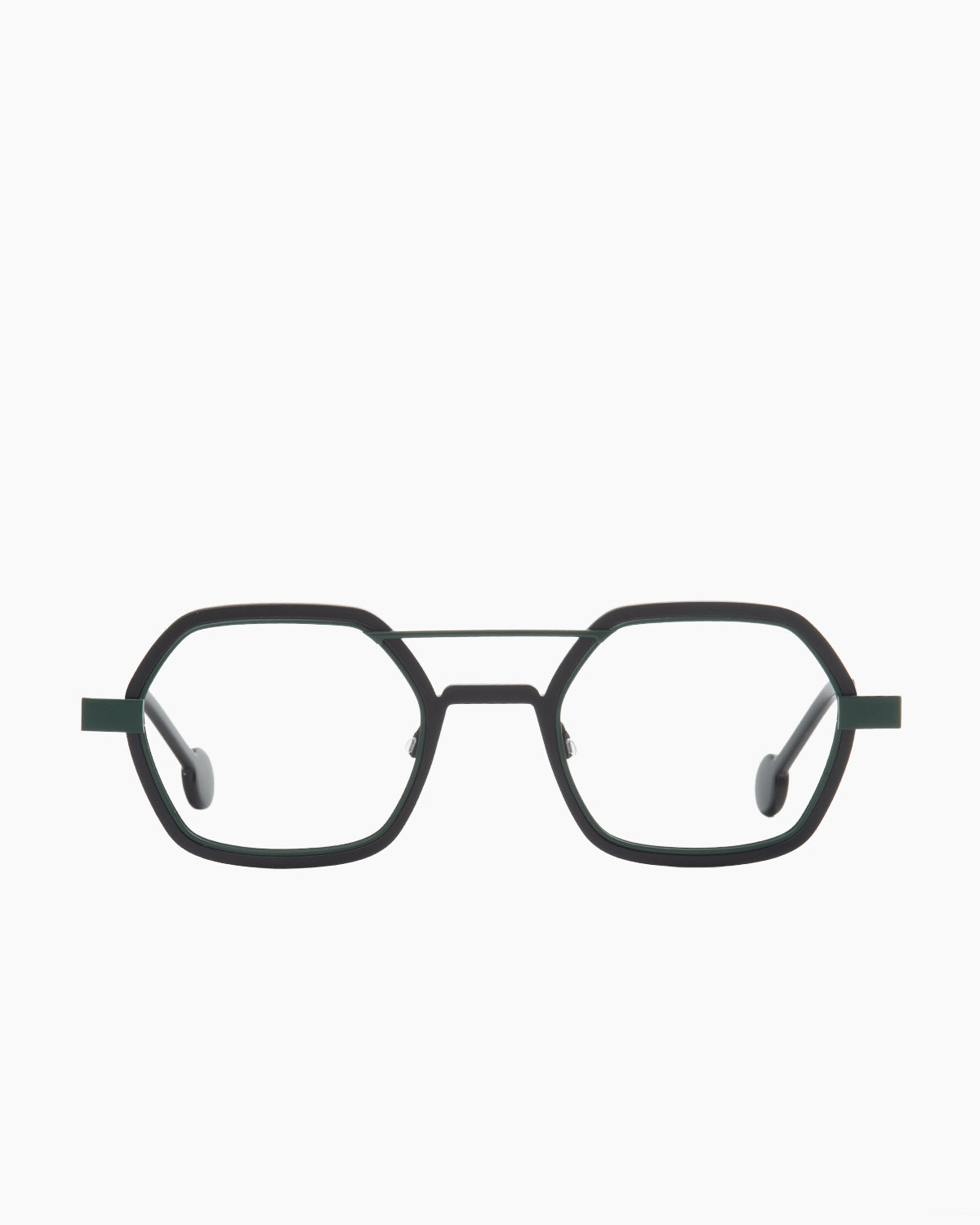 black metal hexagon eyeglasses by Anne et Valentin model wellsaid, front view, lunettes de vue hexagone couleur noir