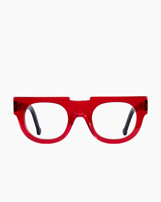 red plastic round eyeglasses by Marie-Sophie Dion model Verne, front view, lunettes de vue rond couleur rouge