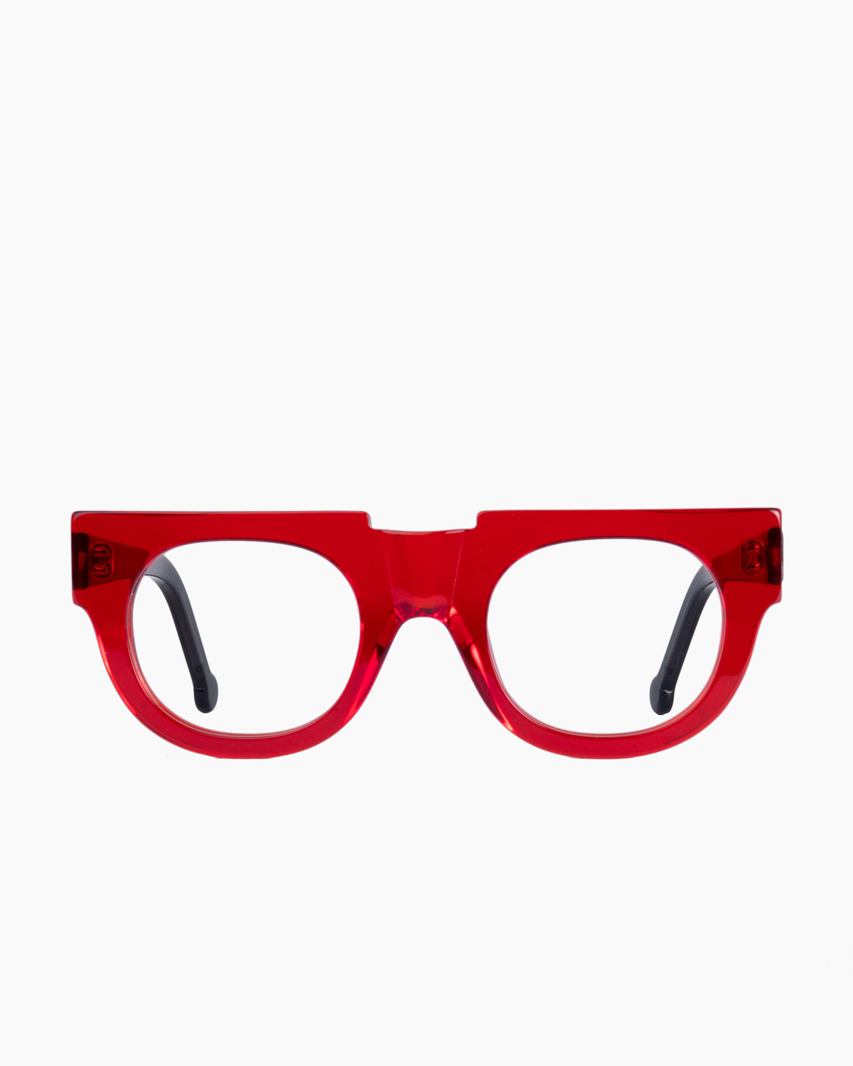 red plastic round eyeglasses by Marie-Sophie Dion model Verne, front view, lunettes de vue rond couleur rouge