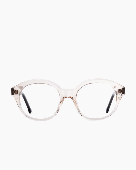 pink, beige plastic round eyeglasses by Marie-Sophie Dion model Volkl, front view, lunettes de vue rond couleur rose, beige