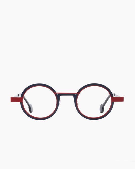red metal round eyeglasses by Anne et Valentin model wellok, front view, lunettes de vue rond couleur rouge