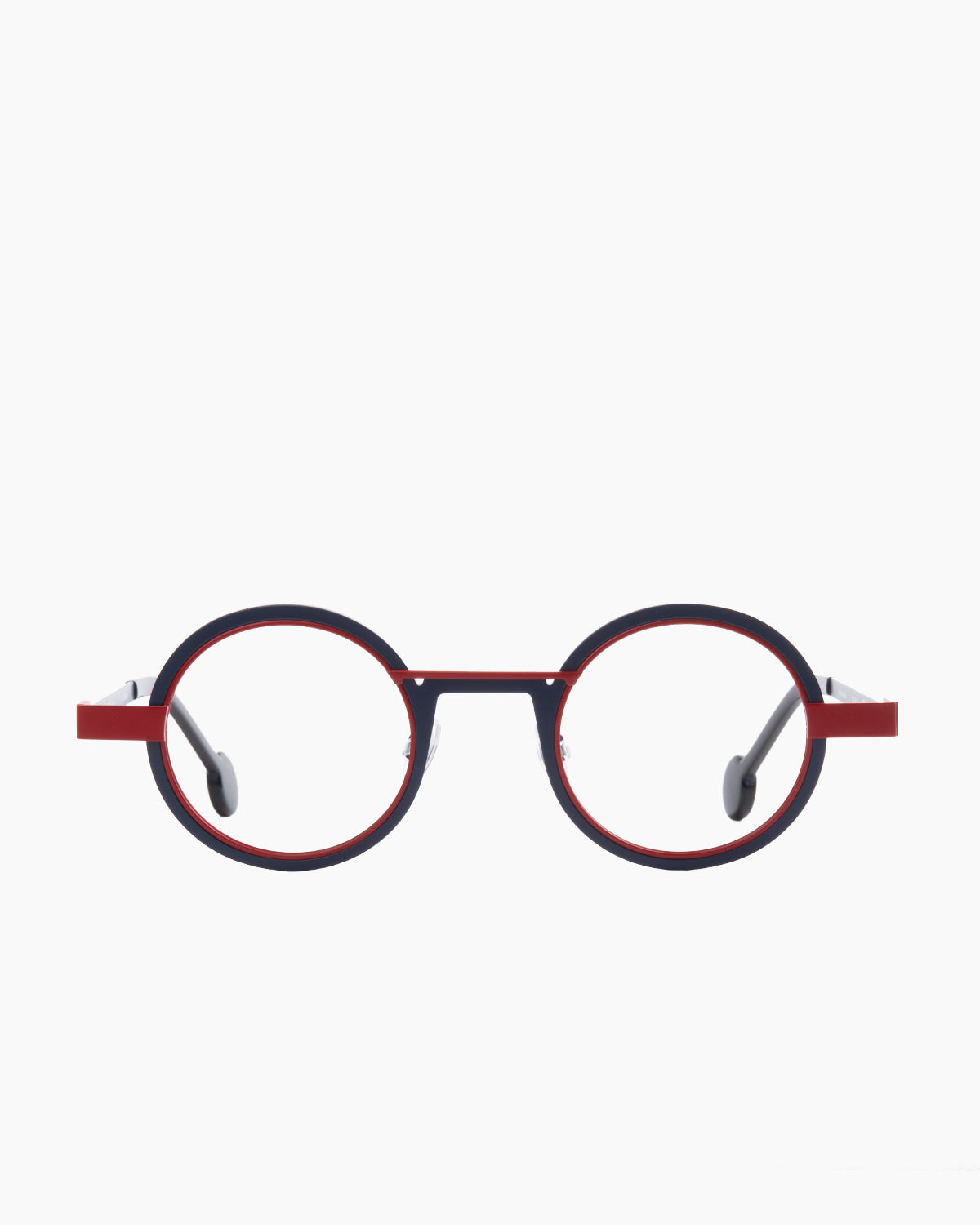 red metal round eyeglasses by Anne et Valentin model wellok, front view, lunettes de vue rond couleur rouge