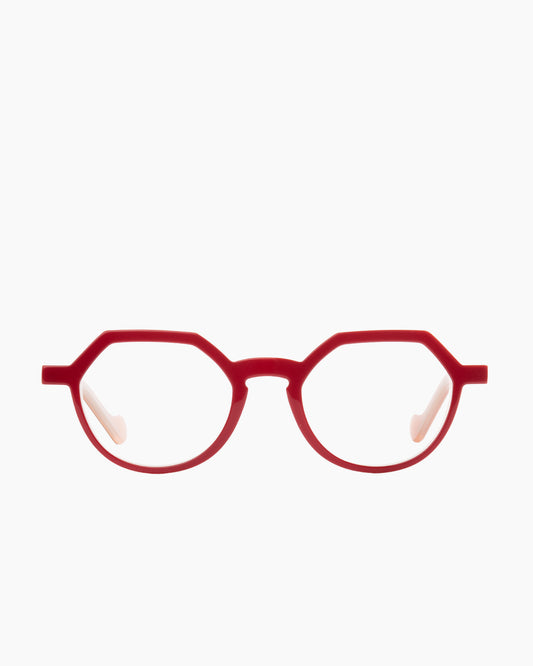 red plastic round eyeglasses by Anne et Valentin model ayo, front view, lunettes de vue rond couleur rouge