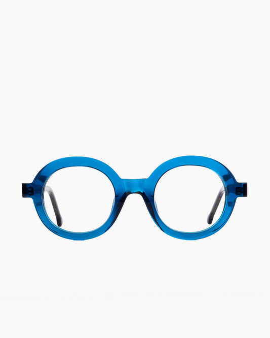 blue plastic round eyeglasses by Marie-Sophie Dion model Luisa, front view, lunettes de vue rond couleur bleu
