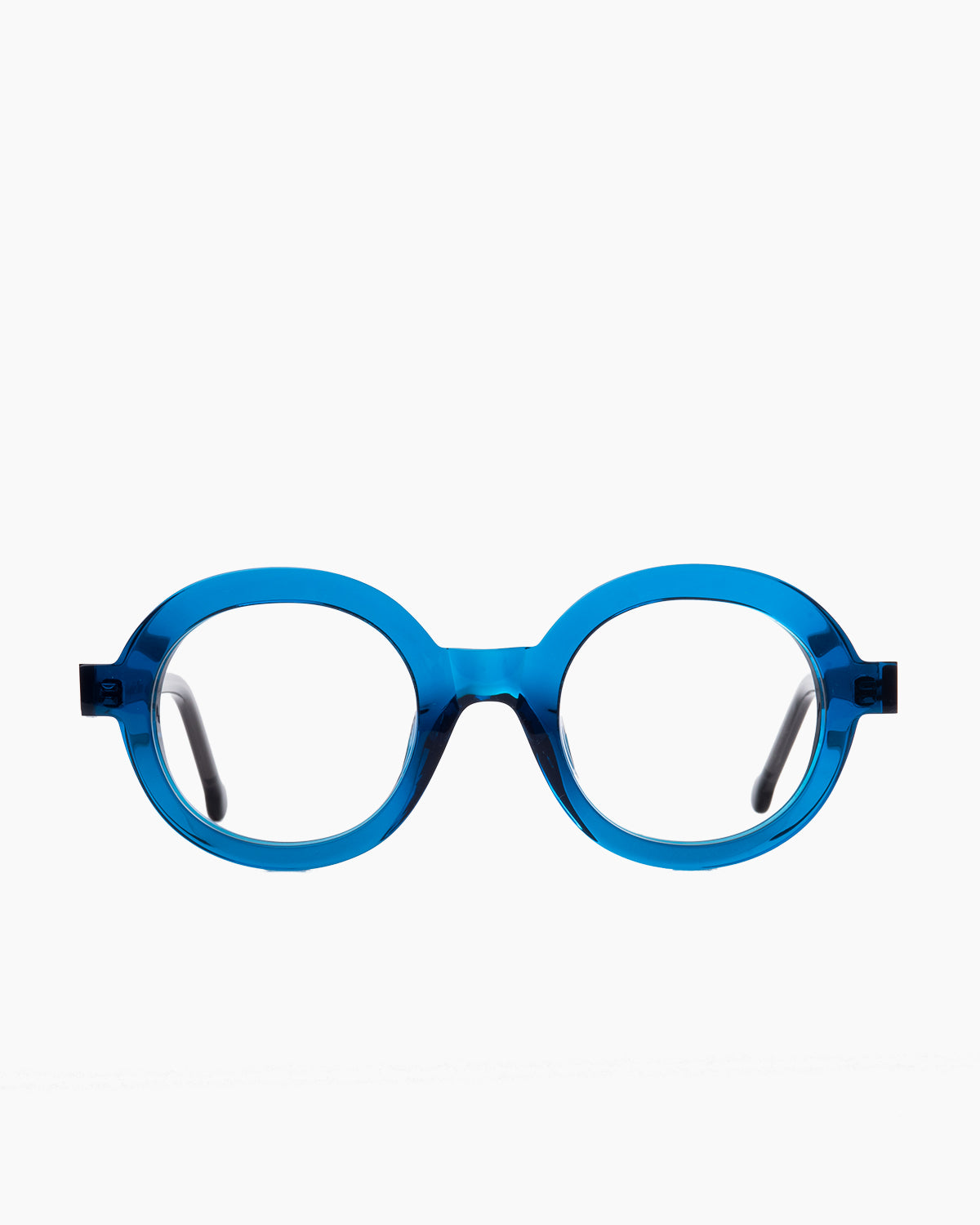 blue plastic round eyeglasses by Marie-Sophie Dion model Luisa, front view, lunettes de vue rond couleur bleu