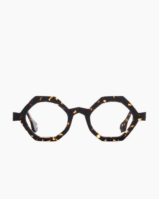 tortoise plastic hexagon eyeglasses by Anne et Valentin model Etude2, front view, lunettes de vue hexagone couleur écaille de tortue