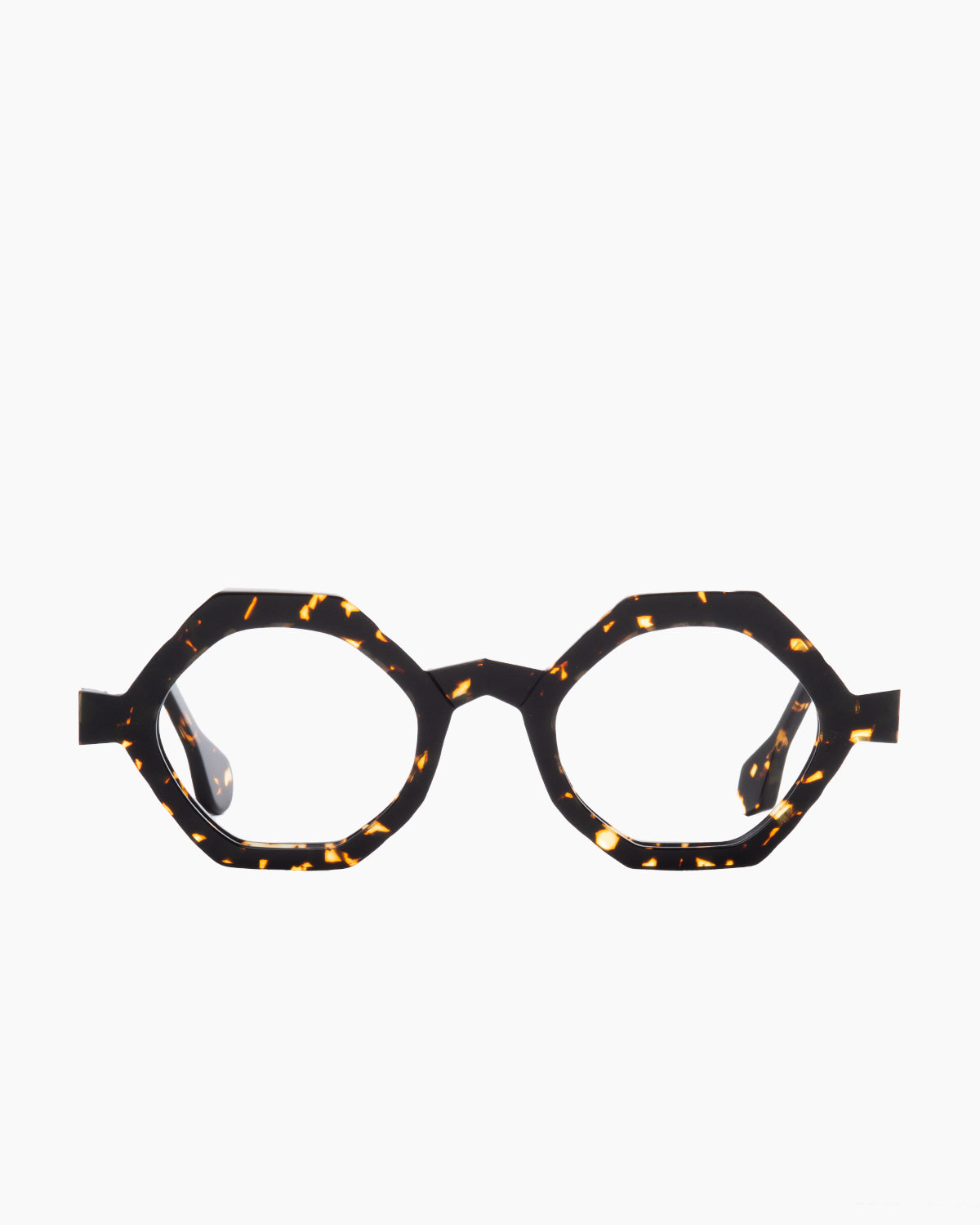 tortoise plastic hexagon eyeglasses by Anne et Valentin model Etude2, front view, lunettes de vue hexagone couleur écaille de tortue