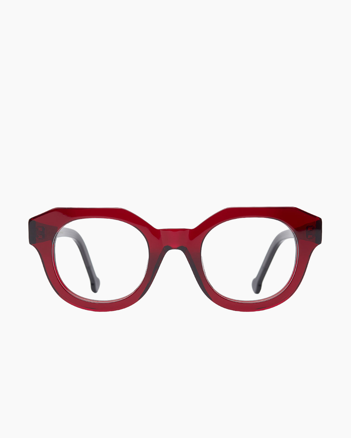 burgundy plastic round eyeglasses by Marie-Sophie Dion model Poitras, front view, lunettes de vue rond couleur bourgogne