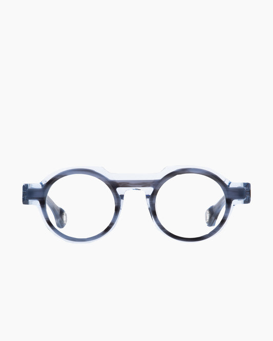 blue plastic round eyeglasses by Blake Kuwahara model Kellogg, front view, lunettes de vue rond couleur Bleu