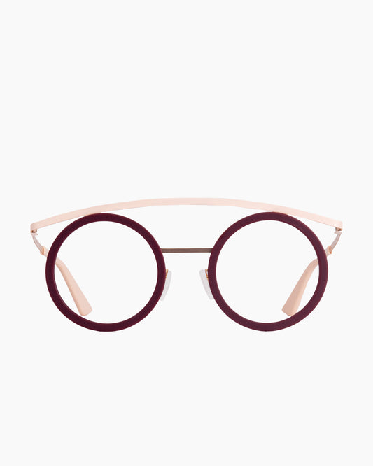 burgundy metal round eyeglasses by Gamine model BoldKallio, front view, lunettes de vue rond couleur bourgogne