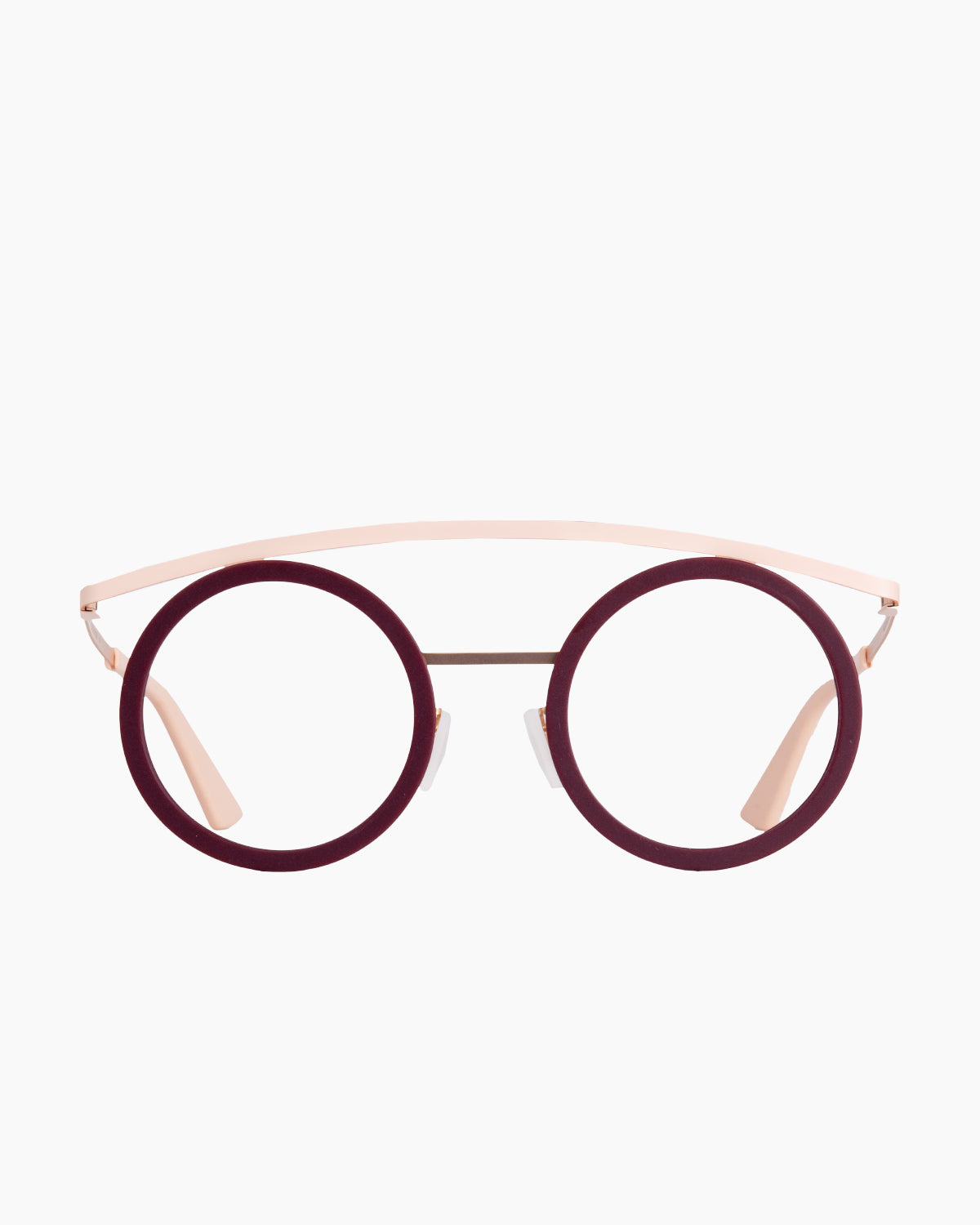 burgundy metal round eyeglasses by Gamine model BoldKallio, front view, lunettes de vue rond couleur bourgogne