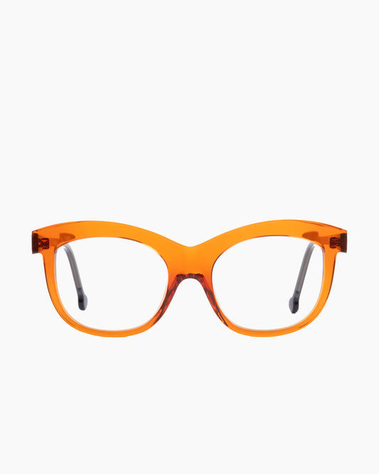 orange plastic butterfly eyeglasses by Marie-Sophie Dion model Elmir, front view, lunettes de vue papillon couleur orange