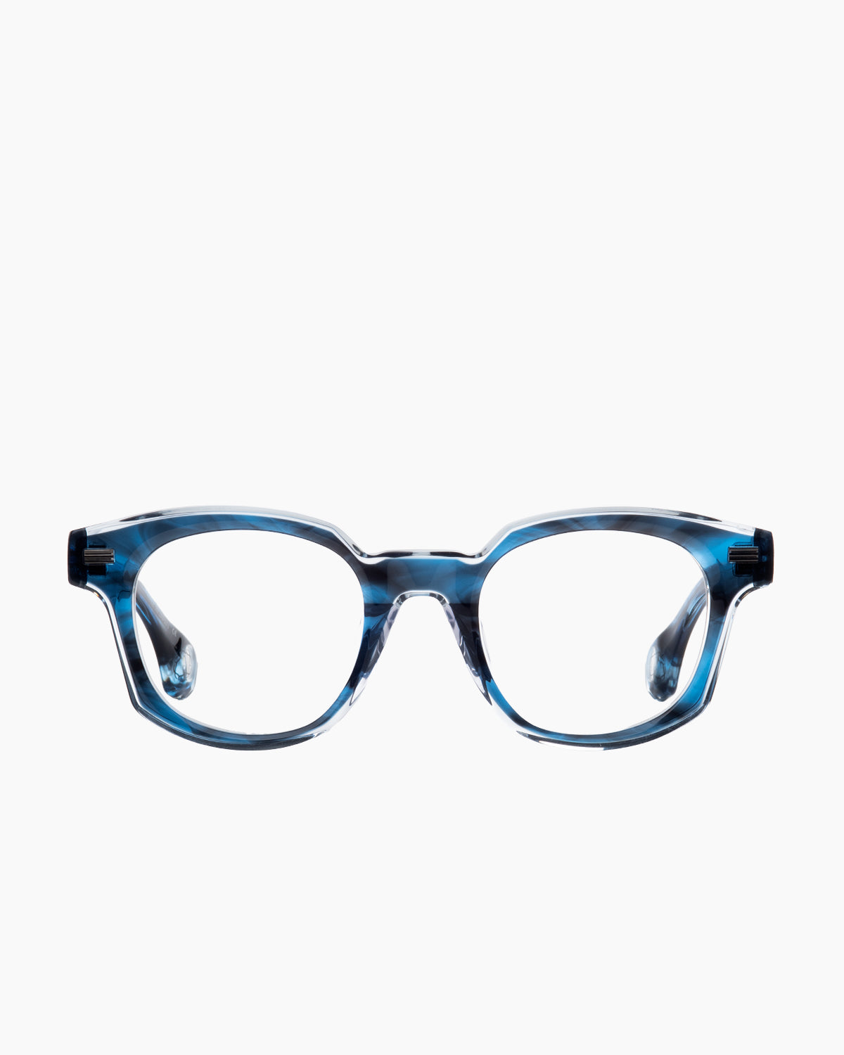blue plastic oval eyeglasses by Blake Kuwahara model Haycock, front view, lunettes de vue ovale couleur bleu