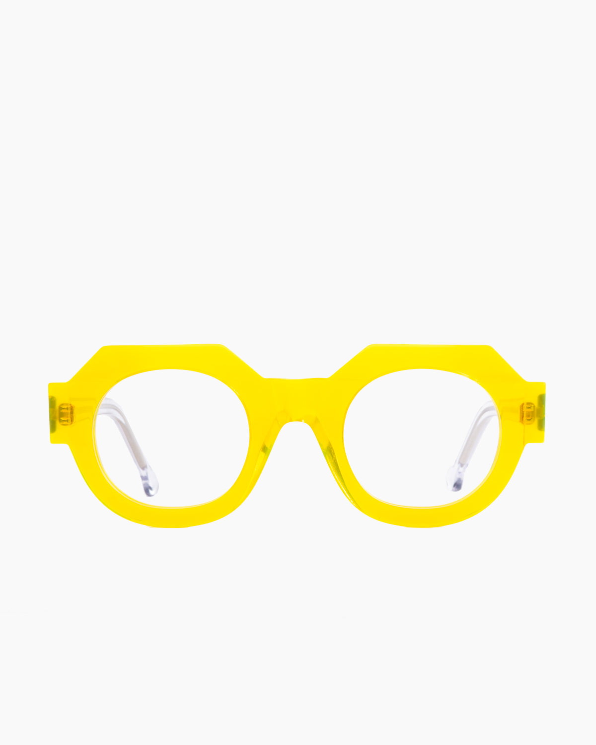 yellow plastic round eyeglasses by Marie-Sophie Dion model Deltell, front view, lunettes de vue rond couleur Jaune