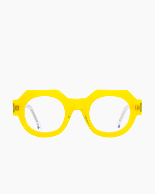 yellow plastic round eyeglasses by Marie-Sophie Dion model Deltell, front view, lunettes de vue rond couleur Jaune
