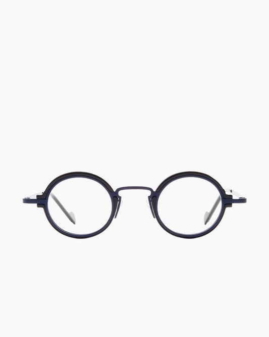 blue metal round eyeglasses by Anne et Valentin model M1, front view, lunettes de vue rond couleur bleu