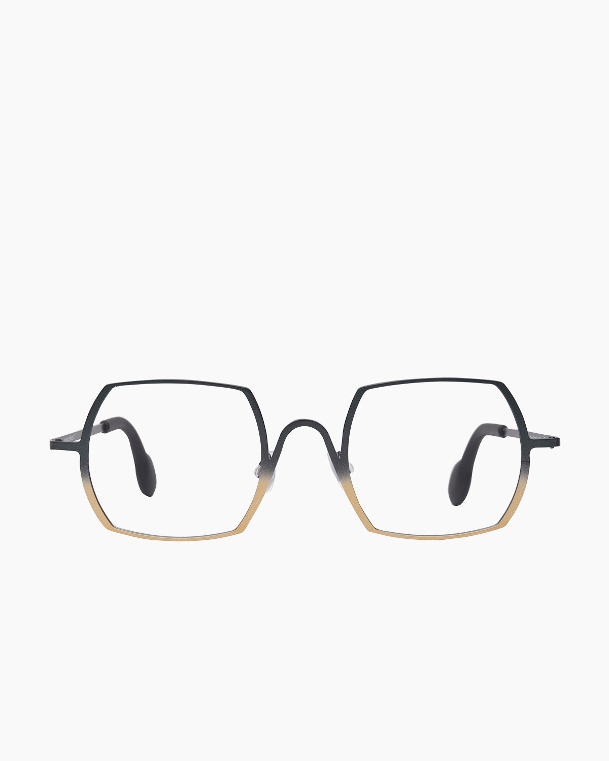 green metal rectangle eyeglasses by Theo model Cambria, front view, lunettes de vue rectangle couleur Vert