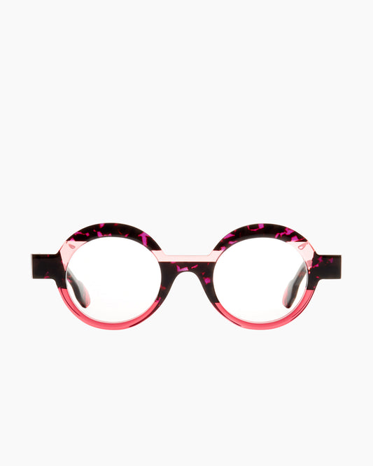 pink plastic round eyeglasses by Anne et Valentin model hOHO, front view, lunettes de vue rond couleur rose