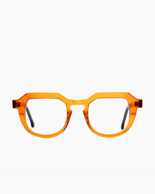 orange plastic round eyeglasses by Marie-Sophie Dion model Galviston, front view, lunettes de vue rond couleur orange